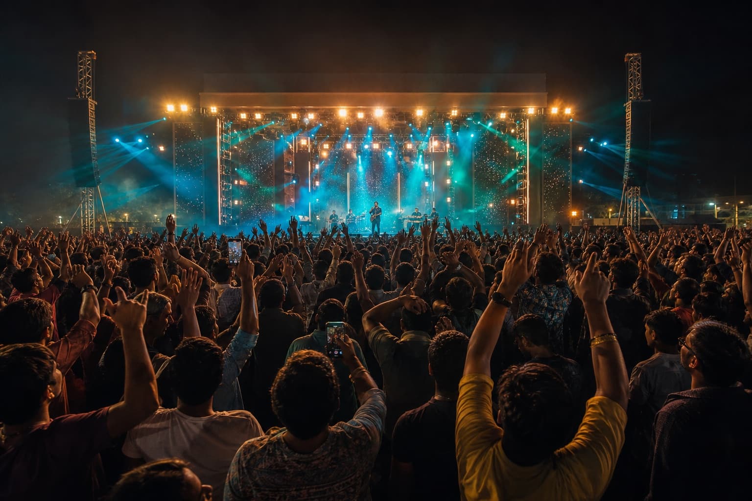 A live concert with an illuminated stage and dancing crowd