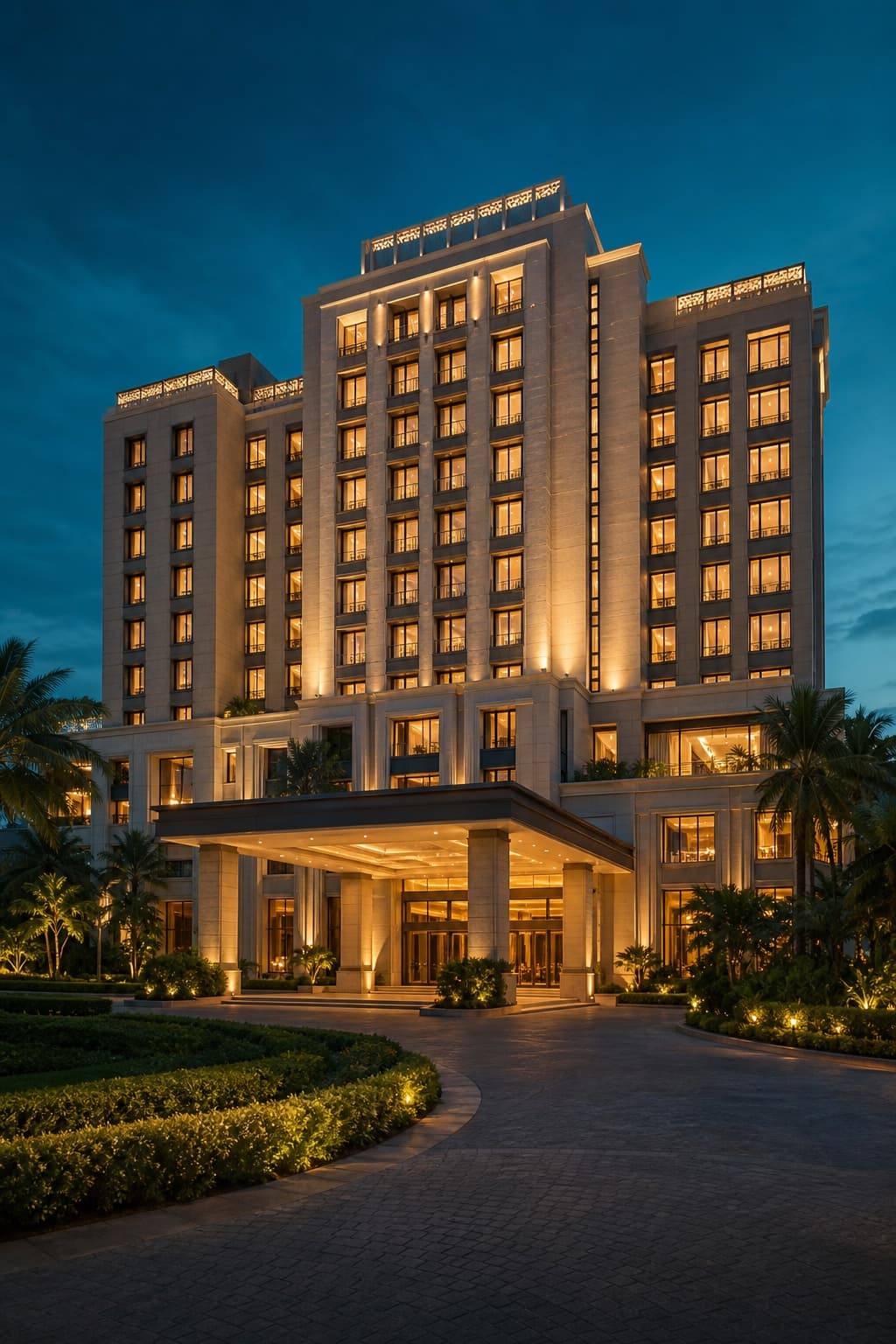 A warmly illuminated multi-storey hotel building at dusk