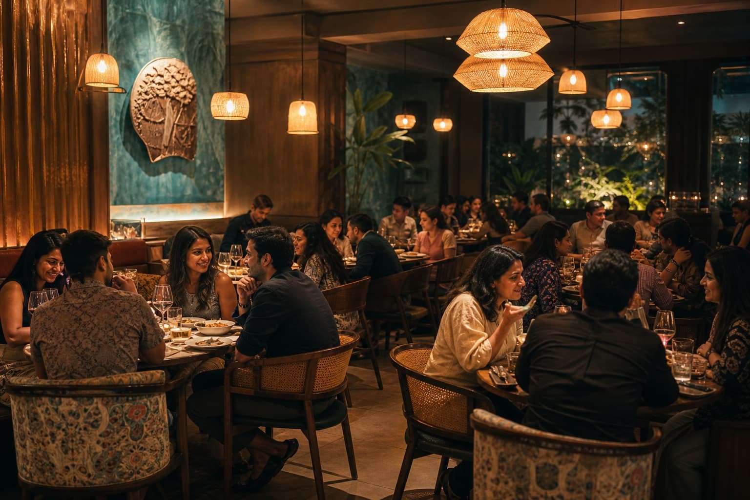 Guests enjoying dinner in a lively contemporary restaurant