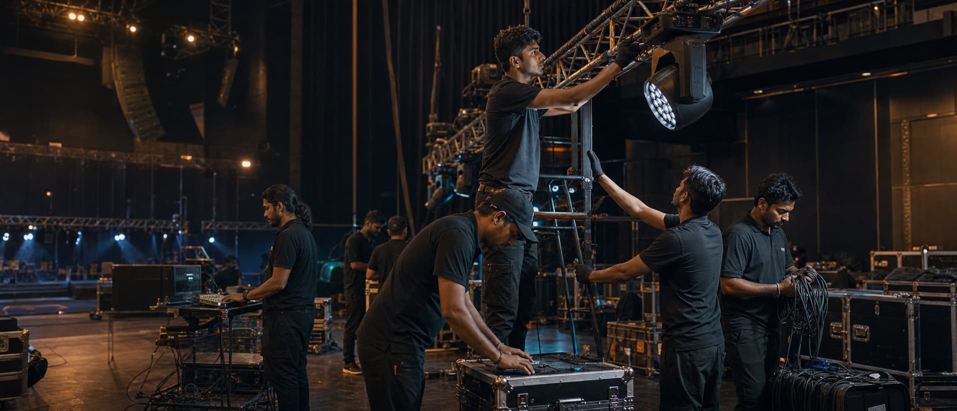 A live event production crew setting up a venue