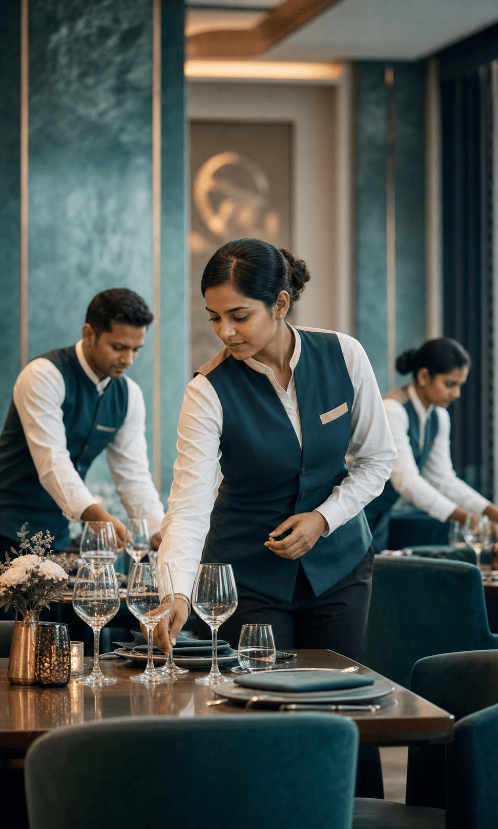 A hospitality service team preparing a dining room