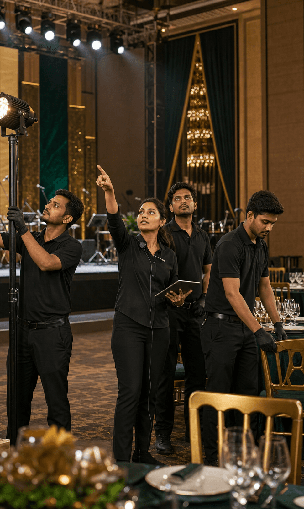 An Indian event crew preparing lighting and production equipment