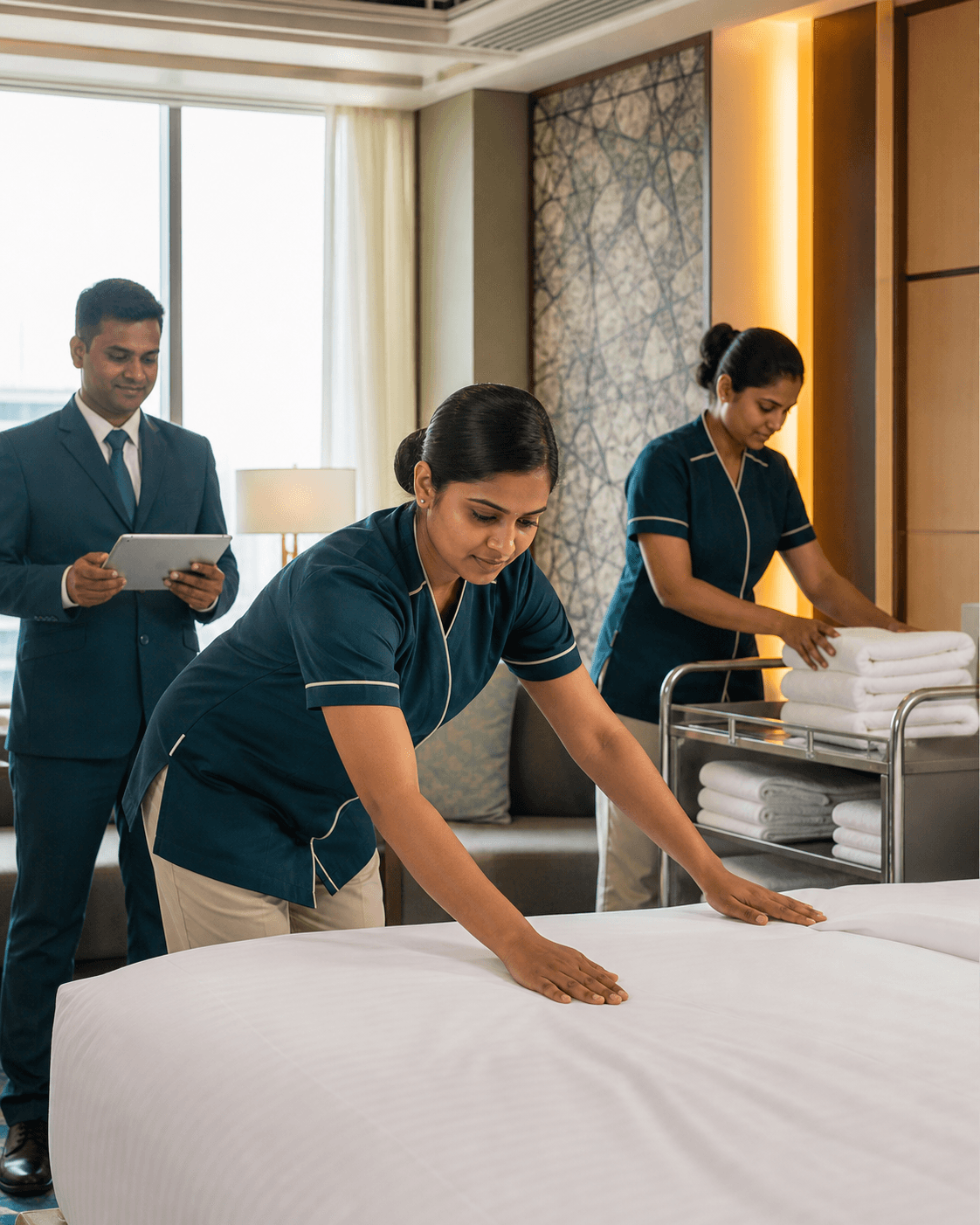 An Indian housekeeping team preparing a hotel room