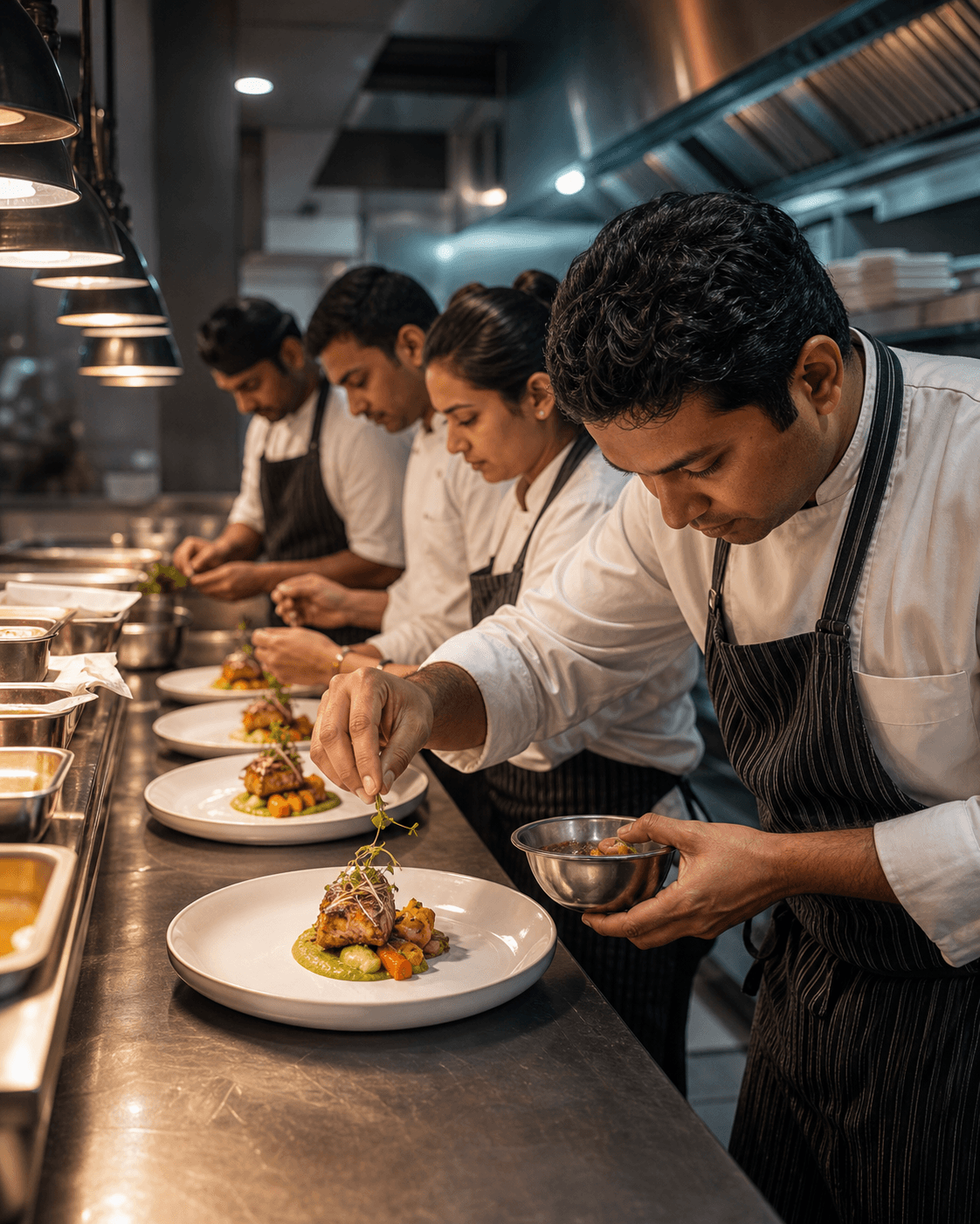 An Indian culinary team plating dishes in a professional kitchen