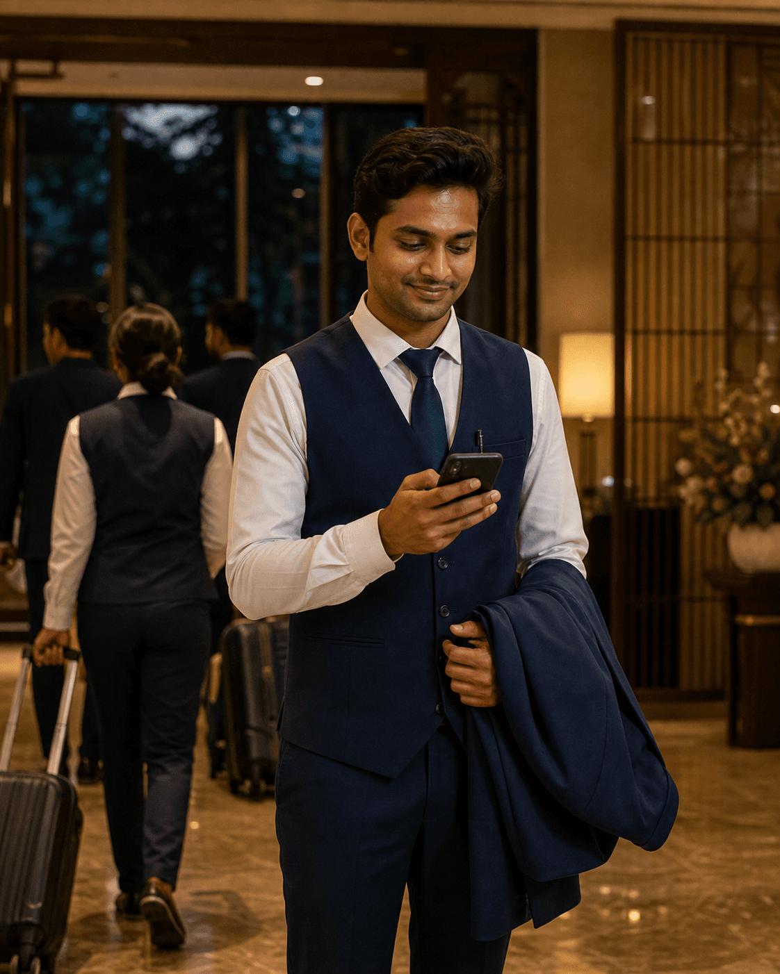 An Indian hospitality professional reviewing his phone after a completed shift