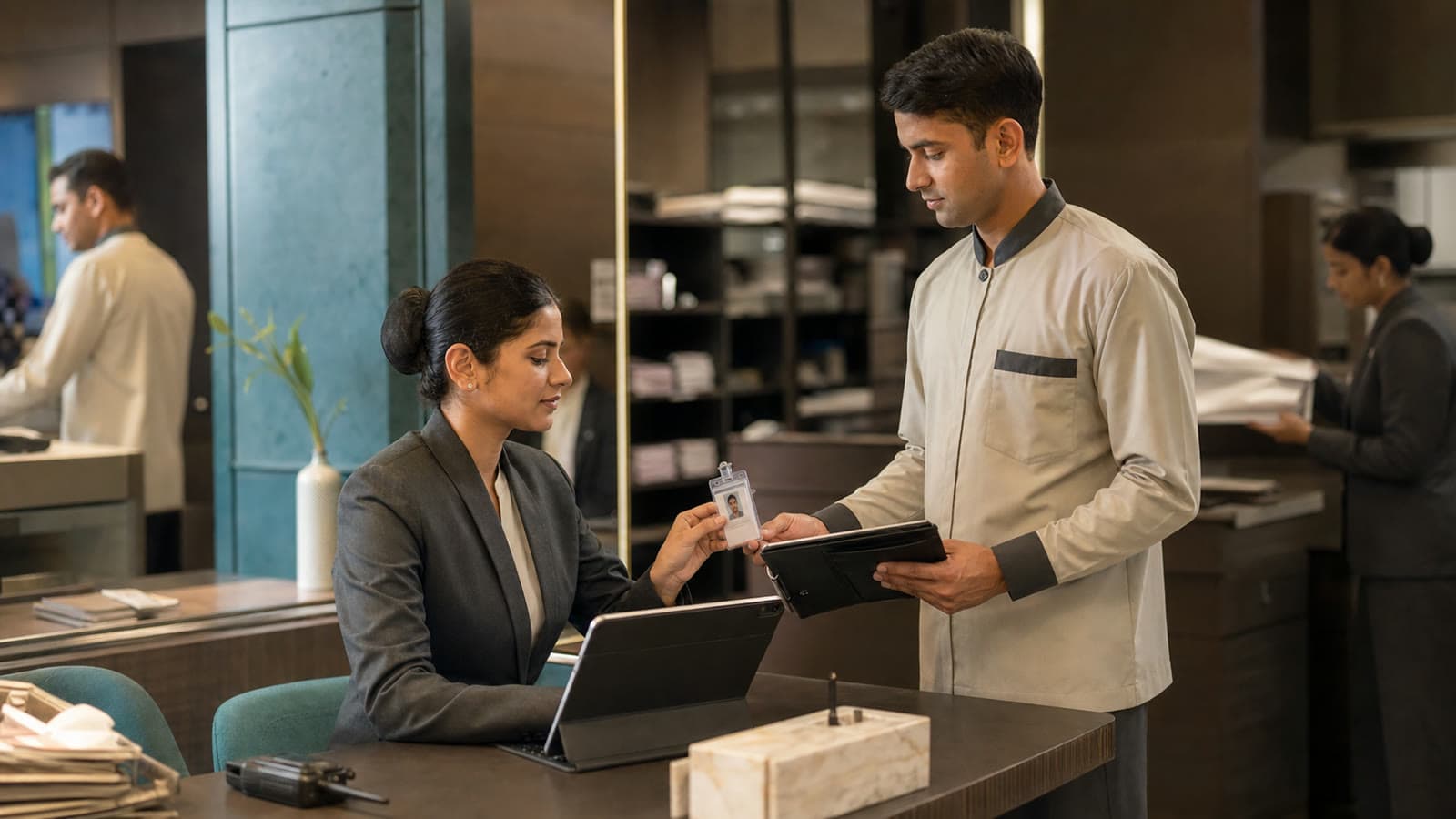 Hospitality coordinator verifying a worker's identity and credentials