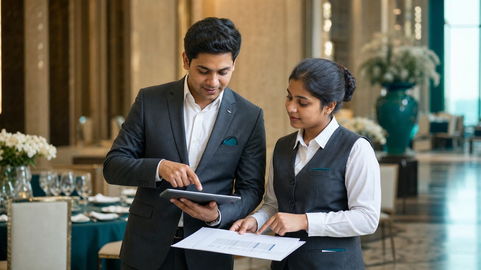 Venue manager and hospitality worker reviewing role and shift details
